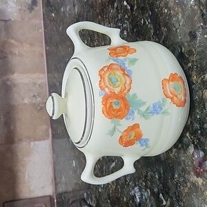 RARE Antique Vintage HALL'S Orange Poppy Sugar Bowl with lid and handles